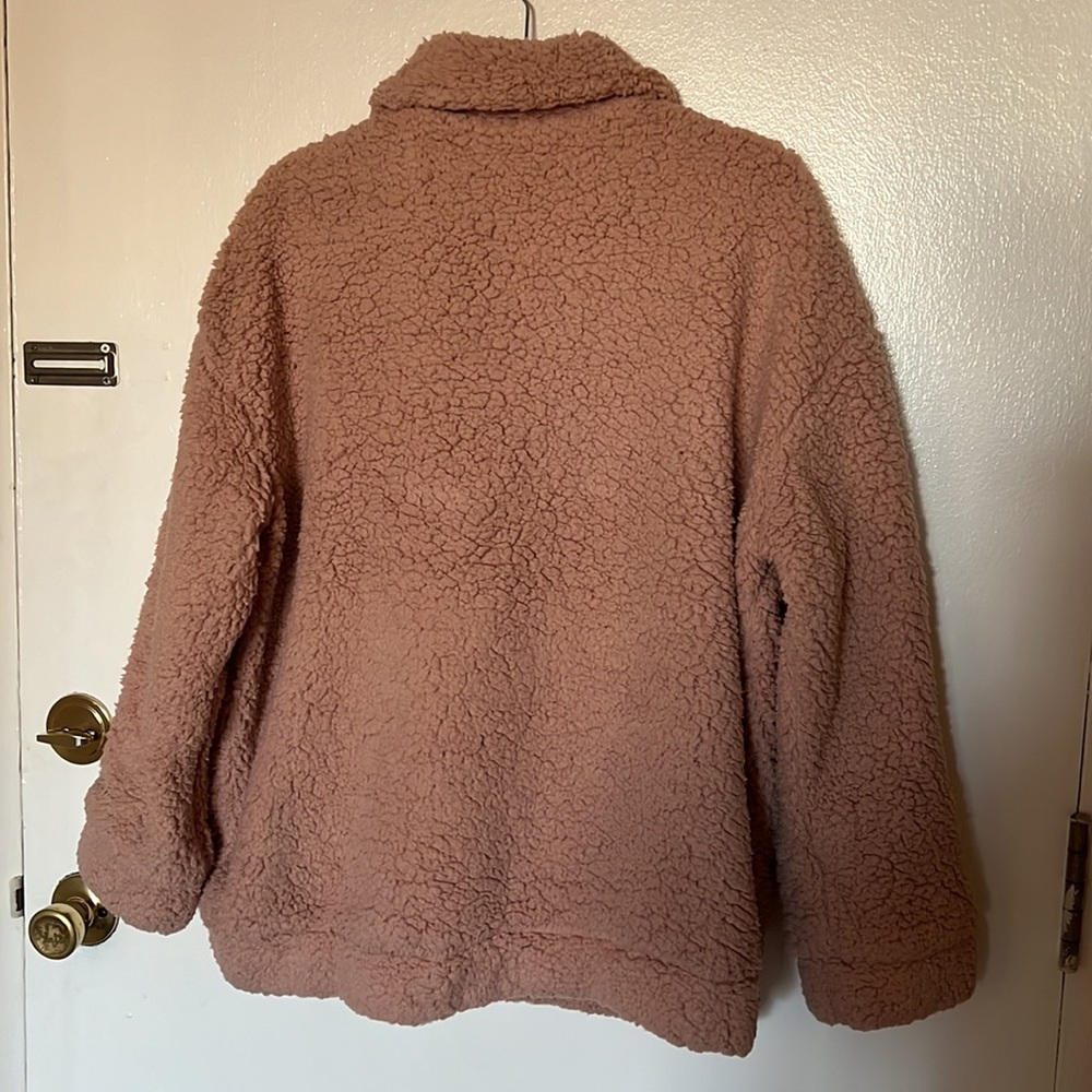 ZAFUL X Yasmine Bateman Pocket Zipper Drop Shoulder Fluffy Teddy Coat - Pink L - Picture 11 of 11